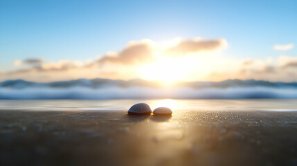 Obraz premium Two Seashells on Sandy Beach at Sunset