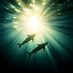 Obraz premium Two Silhouetted Sharks Swimming Underwater in Sunlight