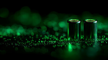 Two Shiny Green Cylinders on Dark Glittery Surface
