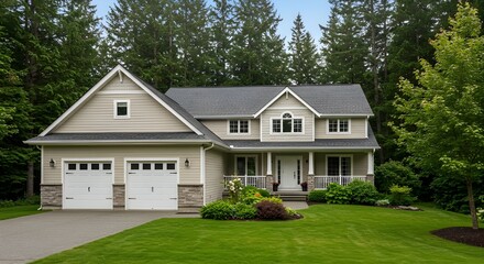 A modern suburban house with a well-manicured lawn, surrounded by lush green trees. The house features a two-car garage, a gabled roof, large windows, and a welcoming front porch with hanging plants
