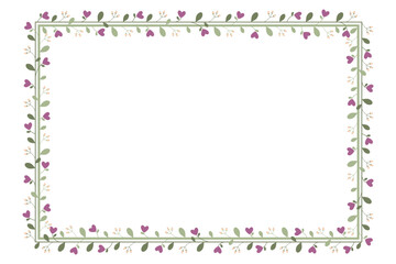 Green Rectangular Borders Frame Or Wreath With Love Purple Flowers And Green Leaves