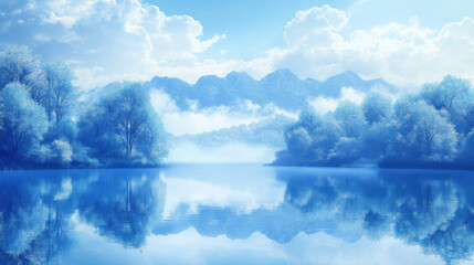 Fototapeta premium Frozen Lake Landscape; serene winter scene; tranquil reflections; digital art; peaceful nature; serene view; possible use in nature wallpaper; calming atmosphere