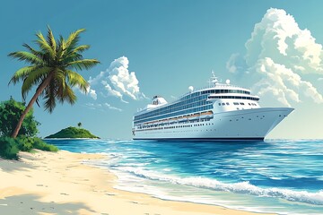 A cruise ship sailing near a tropical beach with palm trees and seagulls, in a bright and colorful illustration