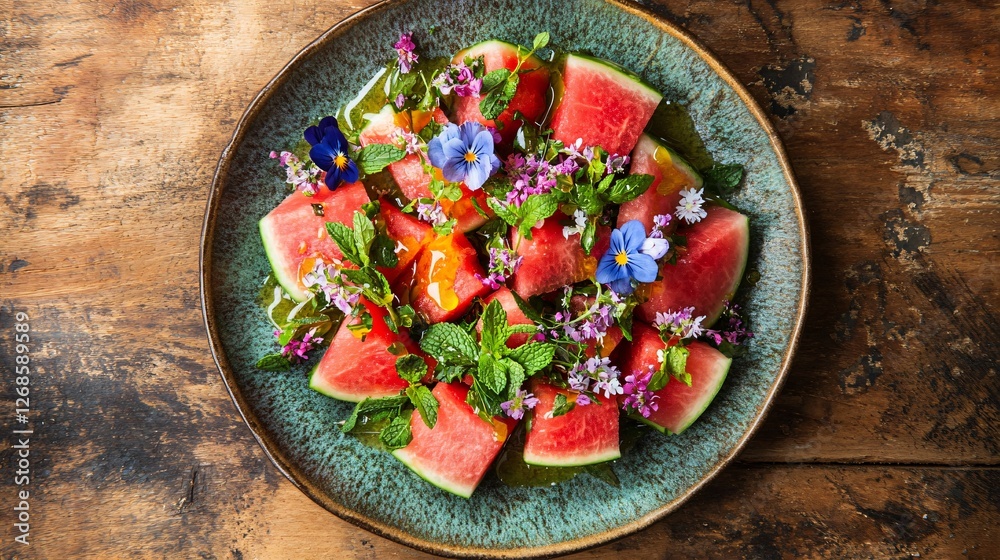 Wall mural A top-down view of an artfully composed watermelon and mint salad, garnished with edible flowers and a drizzle of honey, isolated on a wooden background