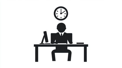 Silhouette of worker at desk, clock in background, office setting. Possible use stock photo for business, time management, or office concepts