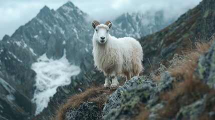 Naklejka premium A mountain goat is perched confidently on rocky terrain, surrounded by majestic snow-capped mountains. Overcast clouds create a dramatic atmosphere in the highland landscape