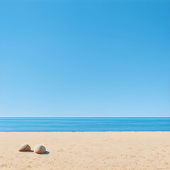 Two Stones on Sandy Beach Under a Clear Blue Sky