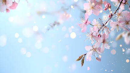 Fototapeta premium Delicate cherry blossoms blooming under a bright blue sky with soft, dreamy bokeh effects in the background.