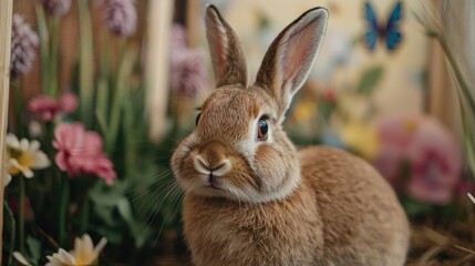 Obraz premium A fluffy brown rabbit sits among vibrant flowers in a lush garden. Butterflies flutter nearby, creating a cheerful atmosphere in bright daylight