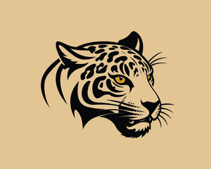 a headshot logo piercing feline eyes with sleek, curved markings with calm face and yellow eyes