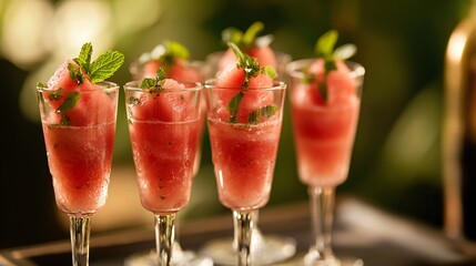 An exclusive summer cocktail party scene, where watermelon and mint salad is served in mini champagne glasses with an aromatic herb garnish