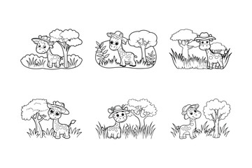 Animal with grass coloring page line art silhouette vector 