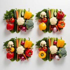 "A row of four fresh vegetable assortments isolated on a white background. Each collection includes a variety of colorful vegetables such as red and yellow bell peppers, tomatoes, cucumbers, carrots, 