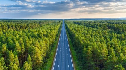 Fototapeta premium Highway Through Lush Green Pine Forest Landscape