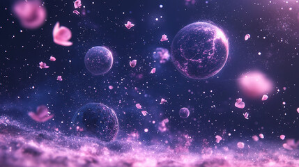 Fototapeta premium Celestial Blossom: A surreal dreamscape unfolds with ethereal pink petals floating amidst celestial bodies, sparkling stardust, and a swirling nebula.