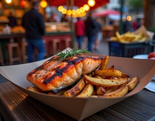 Grilled salmon fillet served with crispy potato wedges at an outdoor food market during the evening