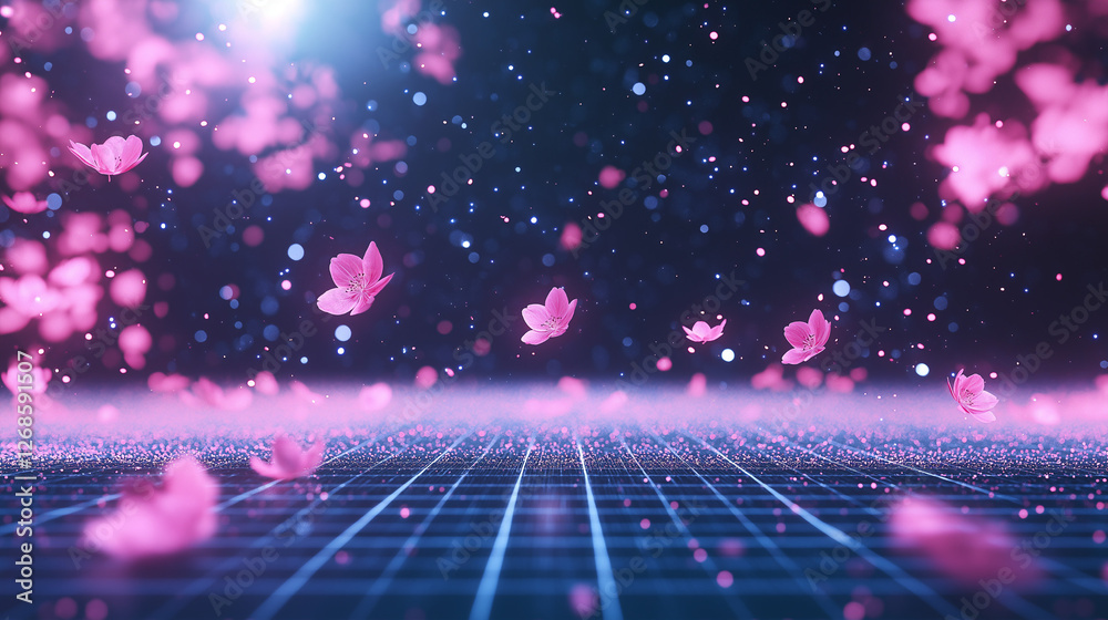 Wall mural falling cherry blossoms: pink cherry blossoms softly fall onto a futuristic grid, creating a mesmeri