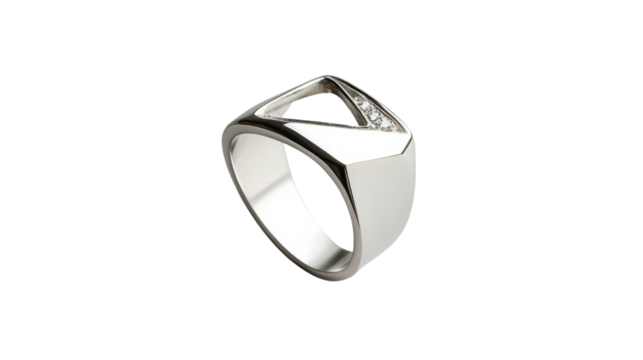 Silver ring with diamonds showing a triangular hole on transparent background