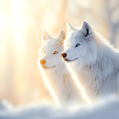 Naklejka premium Two White Wolves in Snowy Forest at Sunrise