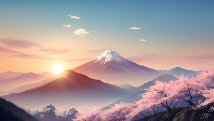 Fototapeta premium the sun setting behind a mountain with flowers growing on it in this animation image you can see a small bird flying