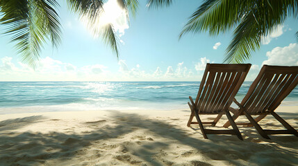 Two Wooden Beach Chairs Under Palm Trees on Sunny Beach