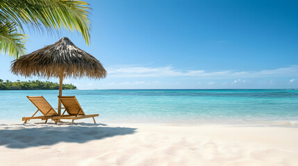 Two Wooden Beach Chairs Under Thatch Umbrella on Tropical Beach