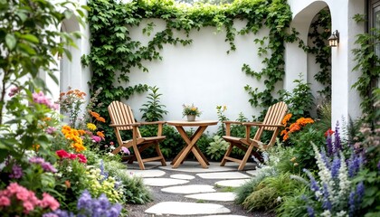 Fototapeta premium Inviting Garden Patio with Wooden Furniture and Colorful Flower Border