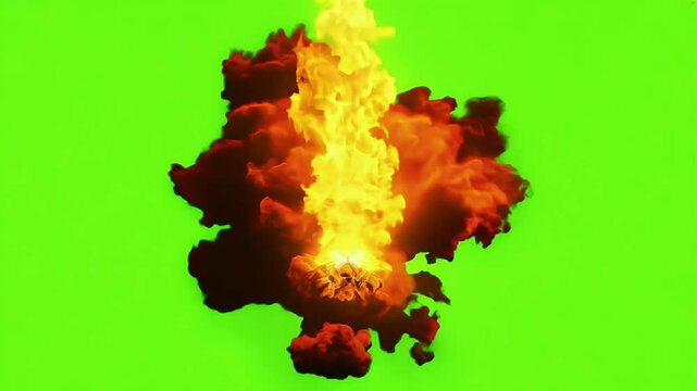 Dynamic 4K animation featuring massive explosion realistic fire smoke effects followed tiger walking slowly olated green screen