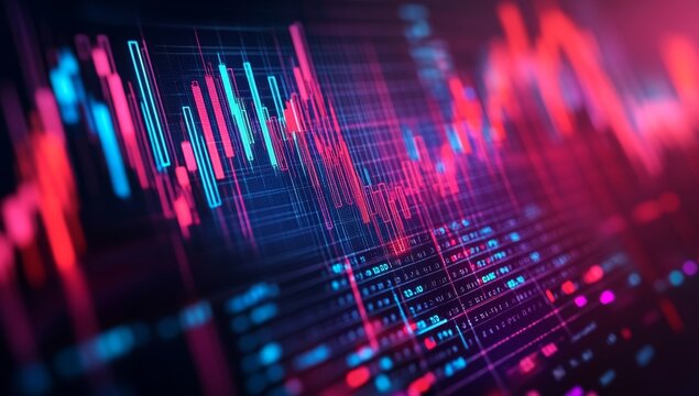 Financial data screen; vibrant charts, market trends, digital background, stock trading