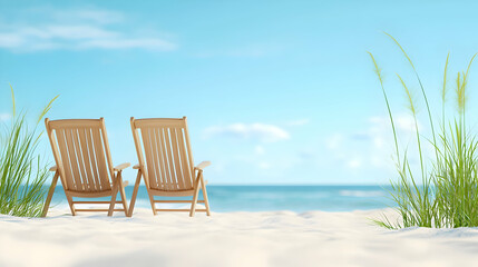 Two Wooden Chairs on Sandy Beach with Ocean View