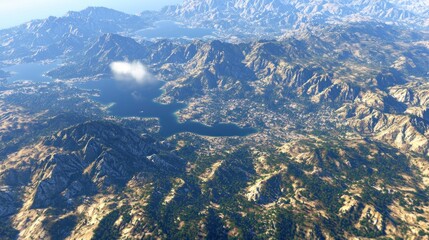 Aerial view of mountain valley with lake and town