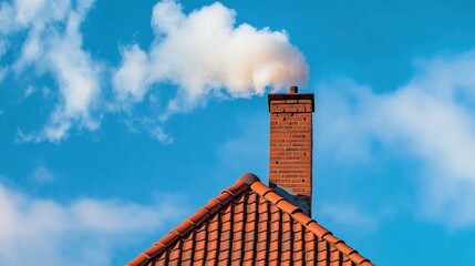 A house chimney releasing white smoke against a bright blue sky