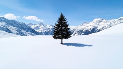 Fototapeta premium A solitary evergreen tree stands in a snowy field, surrounded by majestic snow capped mountains under a clear blue sky. The scene is peaceful and