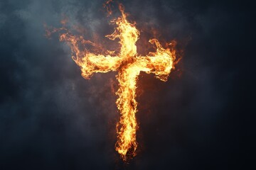 A fiery cross is burning brightly against a dark background