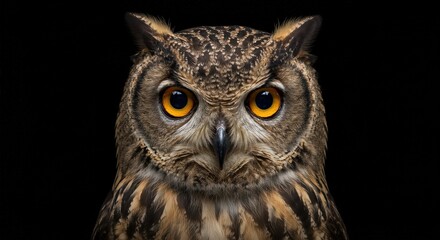 Obraz premium Abstract closeup concept of an horned owl with sharply detailed feathers and black background