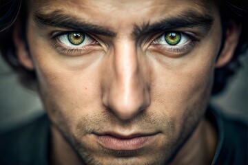 Fototapeta premium Striking green eyes man staring intensely emotion captured in his face