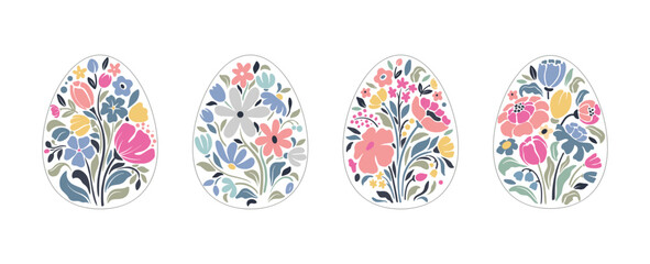 Vector set of Easter eggs with floral patterns in beautiful pastel colors.