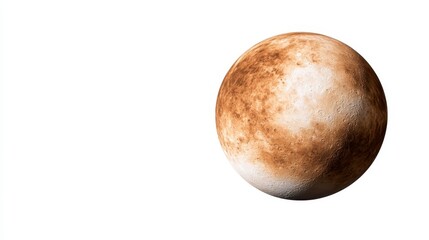 Fototapeta premium Close up view of a spherical celestial body with a light brown surface exhibiting subtle variations in tone and texture. The background is plain