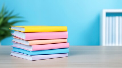 A stack of colorful hardcover books resting on a wooden surface. The books are pastel pink, yellow, and blue. A green plant and a white framed object