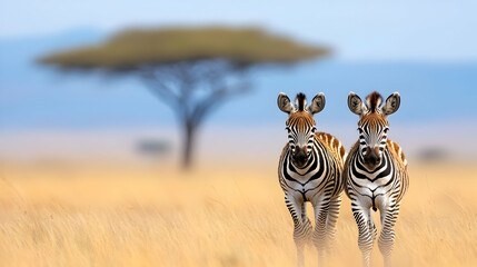 Fototapeta premium Two Zebras in African Savanna Grassland