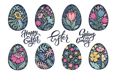 Vector set of Easter eggs with floral patterns in beautiful colors with hand lettering.