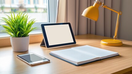 Cozy Home Office Desk with Tablet, Phone, Notebook, and Lamp