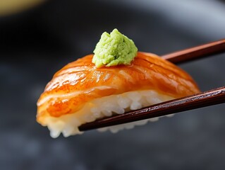 Seared nigiri sushi with wasabi on wooden chopsticks.