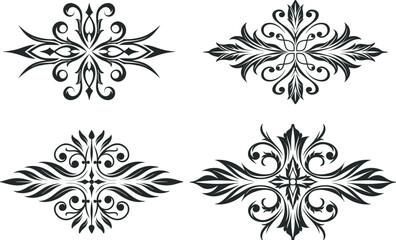 Elegant Curves and Central Leaf Design Black & White Floral Divider Art & Illustration