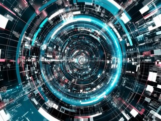 Futuristic digital tunnel with glowing blue elements.