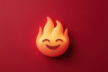 A smiling fire emoji sits on a red background