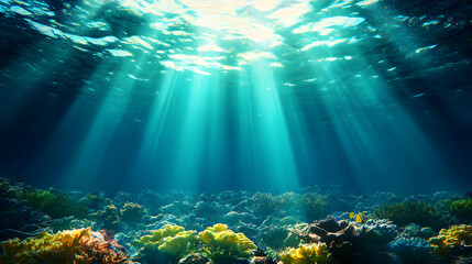Naklejka premium Underwater Sunlight Rays Illuminating Vibrant Coral Reef