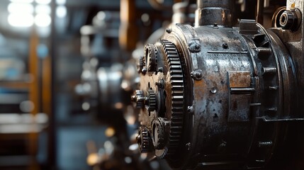 Fototapeta premium Industrial factory machinery close-up, gears and mechanisms, blurred background, showcasing manufacturing process; ideal for industry or technology publications