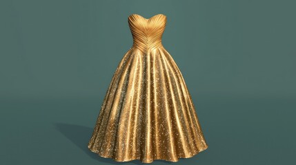 Golden ball gown on plain backdrop; studio shot