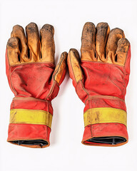 red and yellow fireman gloves worn and dirty isolated on white background